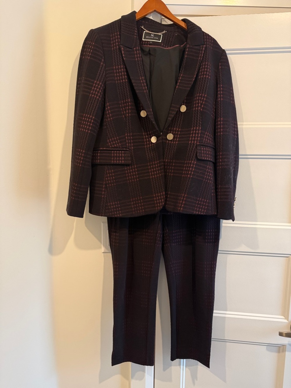 Women's Double-Breasted Plaid Blazer in Black with Burgundy Windowpane